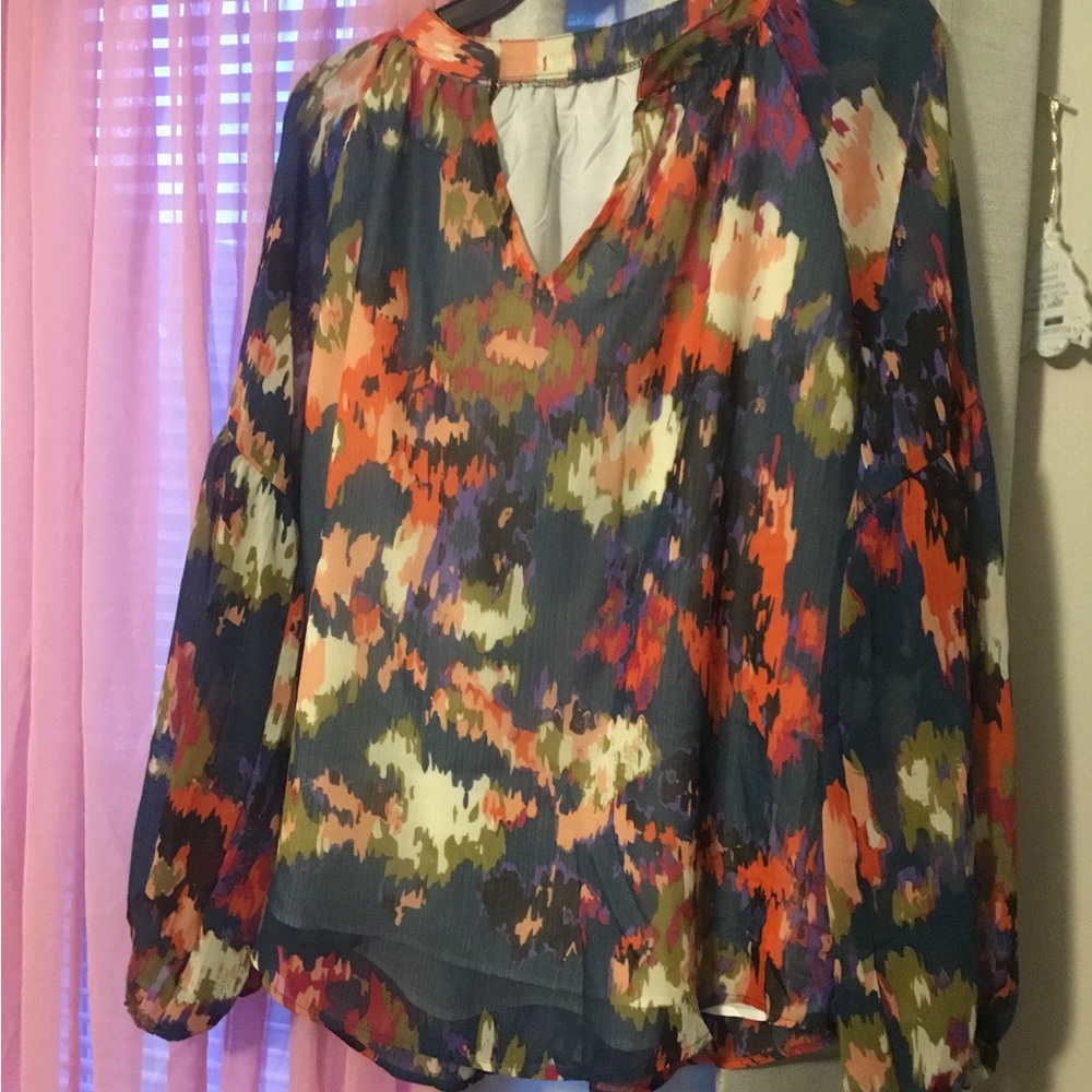 Blue and Black Asymmetrical Blouse with V-Neckline